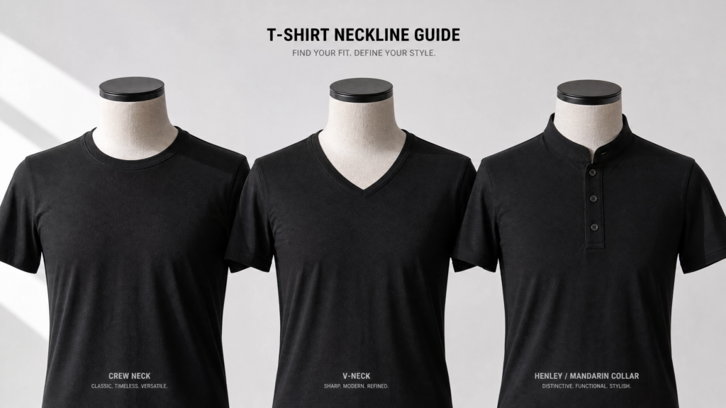 Hình ảnh chi tiết phân biệt các loại cổ áo thun (T-shirt neckline guide) bao gồm cổ tròn, cổ chữ V và cổ tim, phục vụ hướng dẫn chọn kiểu dáng thời trang.