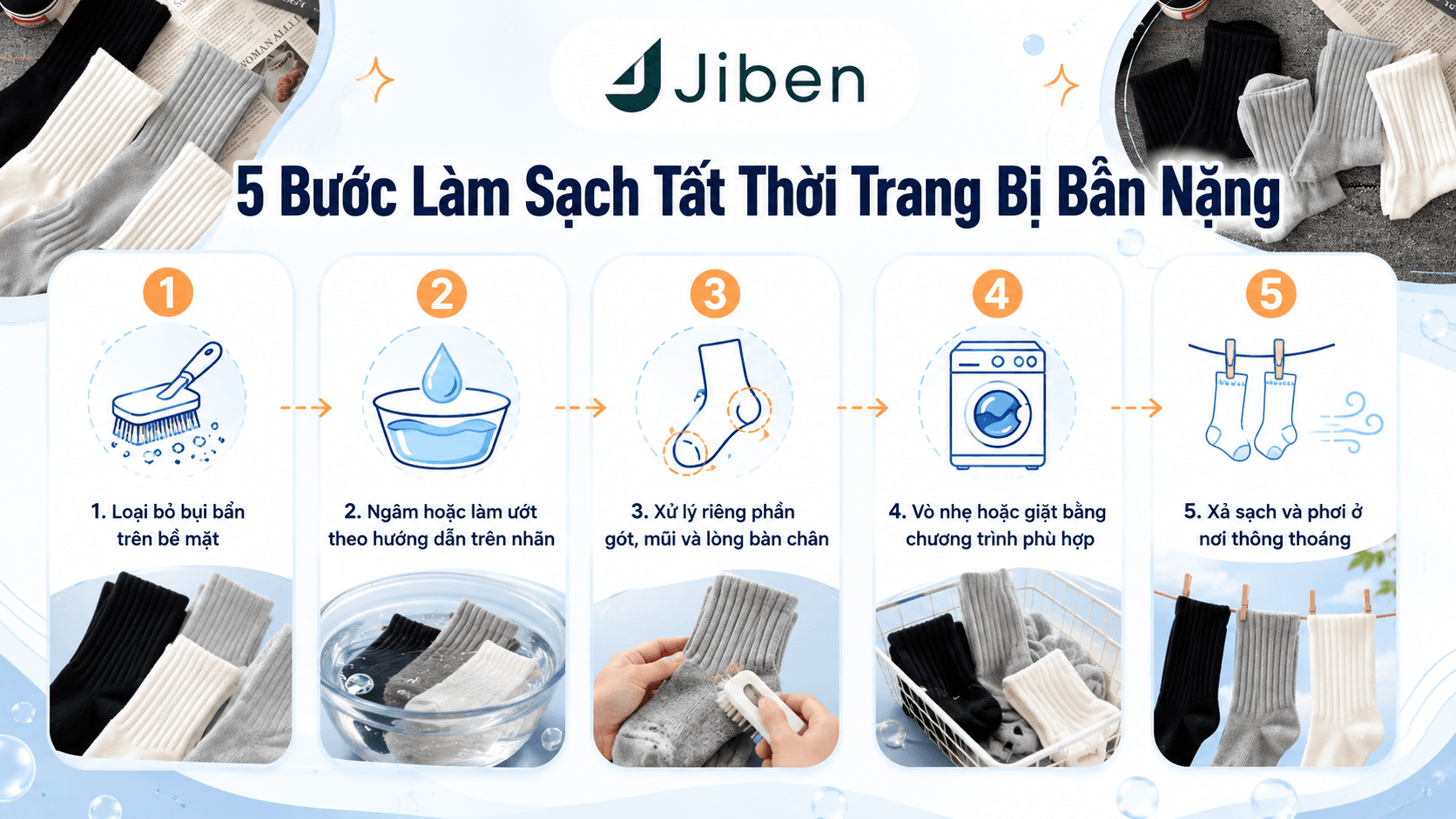 Infographic 5 bước làm sạch tất thời trang bị bẩn nặng của Jiben gồm loại bỏ bụi bẩn, ngâm tất, xử lý gót mũi, giặt nhẹ, xả sạch và phơi thông thoáng.