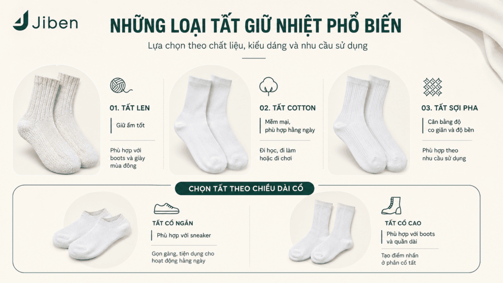 Những loại tất giữ nhiệt phổ biến – tất len, tất cotton, tất sợi pha, tất cổ ngắn và tất cổ cao JIBEN