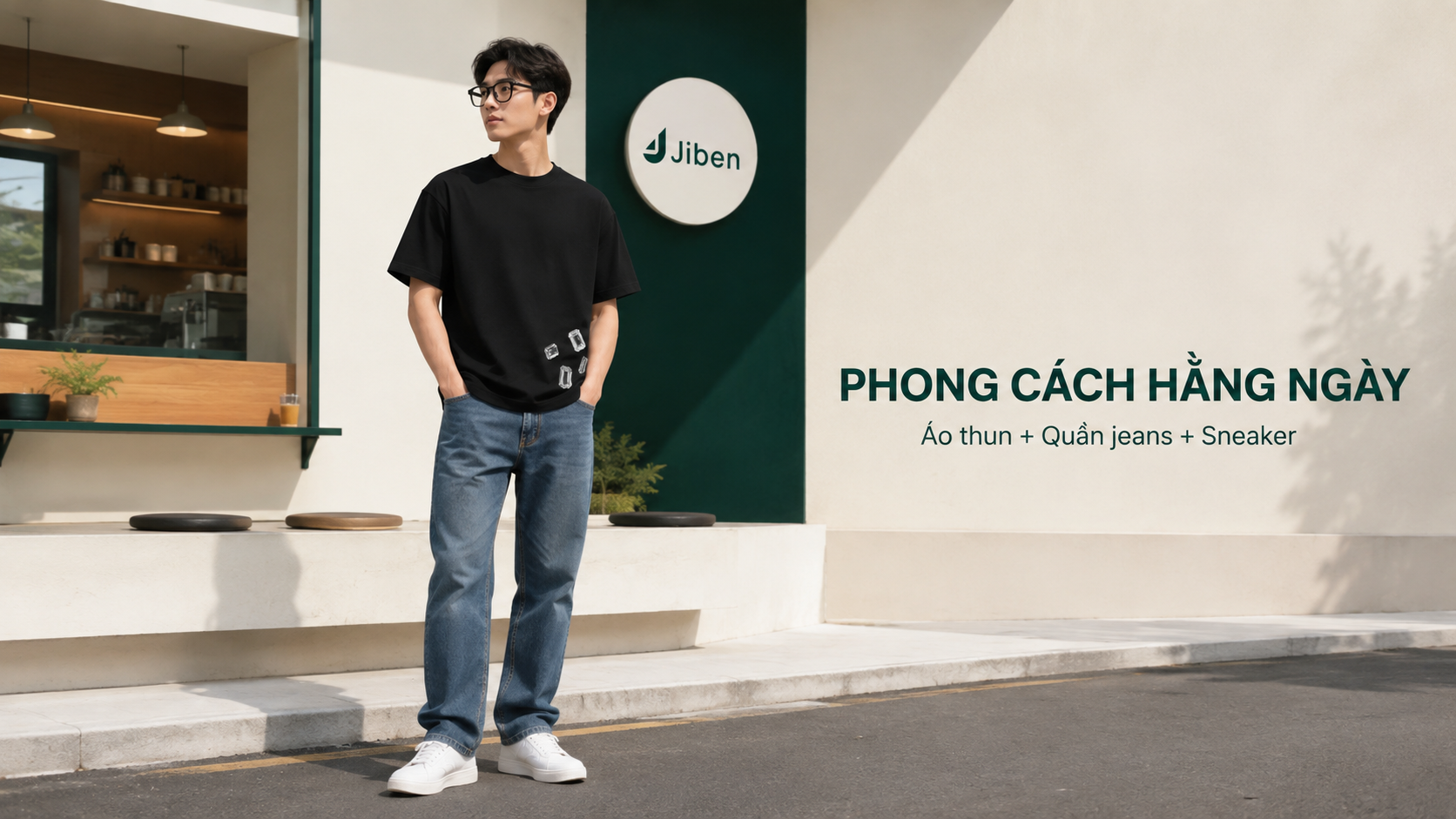 Người mẫu mặc áo thun Jiben màu đen phối cùng quần jeans và sneaker trắng theo phong cách hằng ngày trẻ trung, hiện đại và dễ ứng dụng.