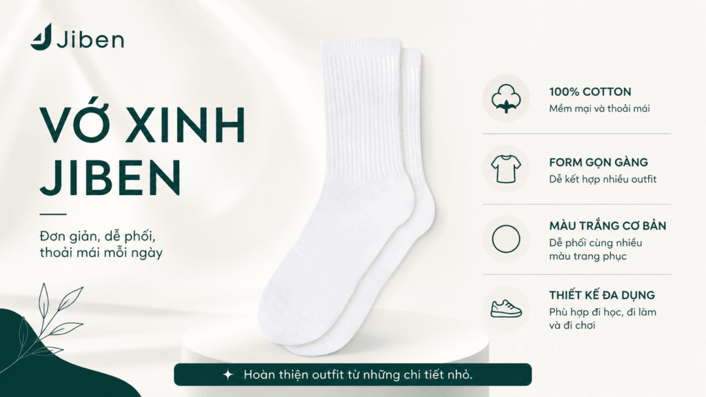 Vớ xinh JIBEN màu trắng 100% cotton, form gọn gàng dễ phối