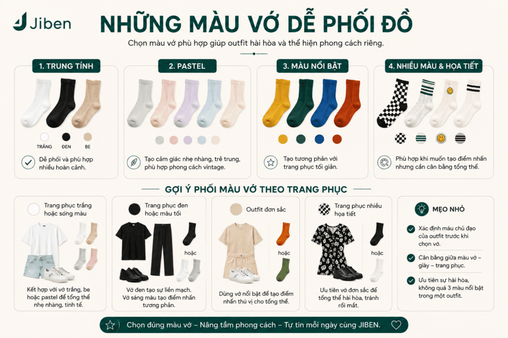 Màu vớ dễ phối đồ – trắng, đen, be, pastel và màu nổi bật