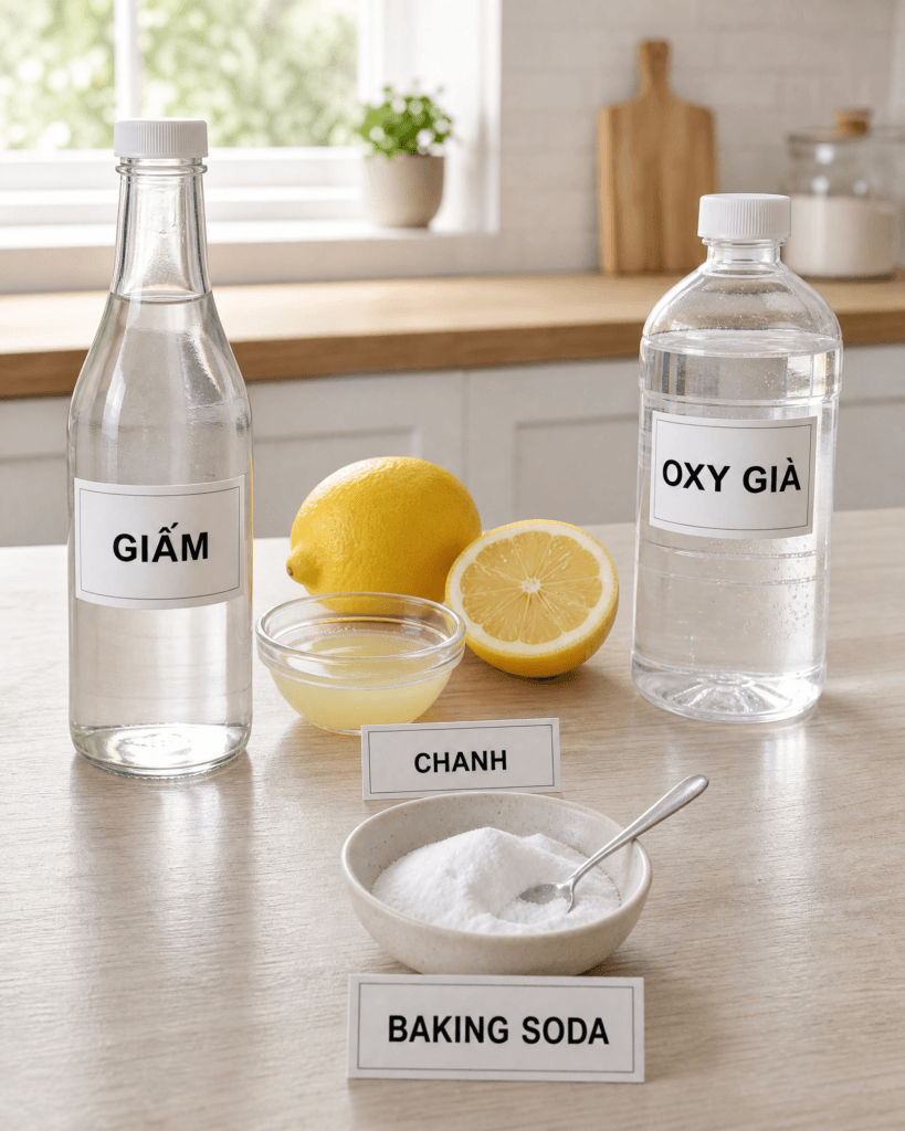 Các nguyên liệu tự nhiên quen thuộc như giấm, chanh, baking soda và oxy già